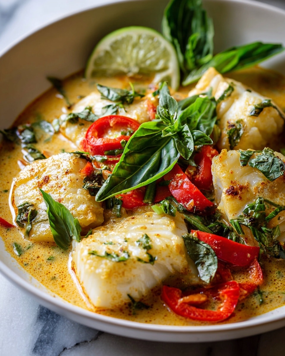 Single white plate with one generous portion of fish curry showcasing tender, white fish chunks immersed in a creamy coconut curry sauce, garnished with fresh basil leaves, bright red bell pepper pieces, and a wedge of lime on the side, close-up angled shot revealing the flaky texture of the fish and rich, vibrant sauce, presented on a white marble background with natural lighting, styled as an intimate plated serving ready to eat, photo taken with an iphone --ar 4:5 --v 7