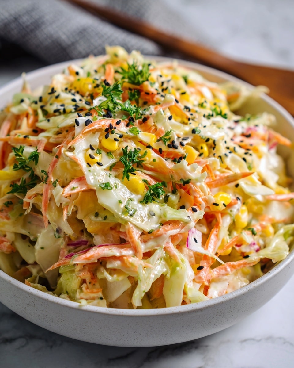 Large white serving bowl filled with a vibrant, creamy coleslaw made from finely shredded green cabbage, bright orange carrot strips, sweet yellow corn kernels, and tender pinkish crab sticks, all tossed in a smooth dressing and sprinkled with black sesame seeds and fresh chopped parsley, whole dish photographed from above on a white marble countertop, professional food styling, natural lighting, hero shot for a food magazine, photo taken with an iphone --ar 4:5 --v 7