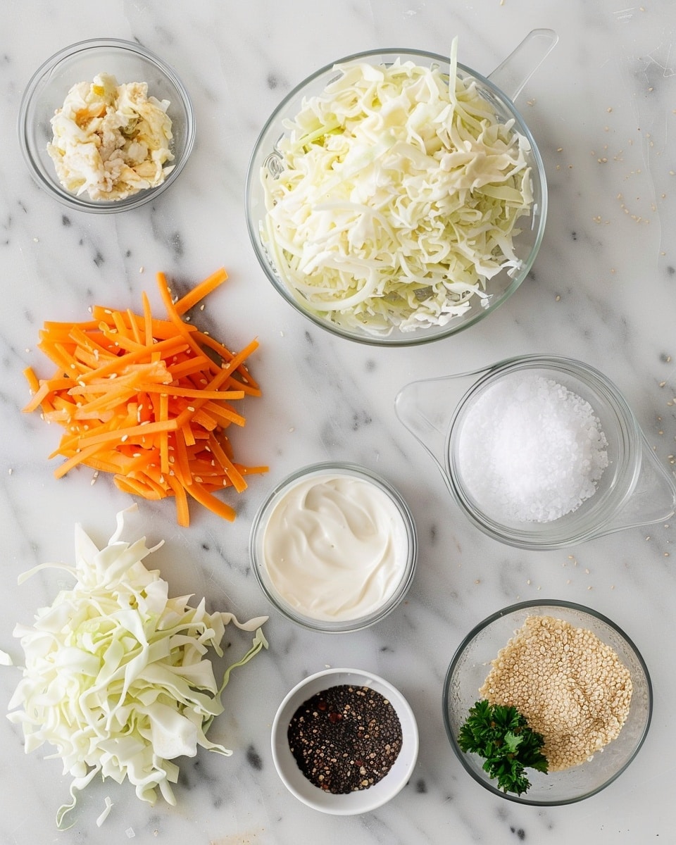 Single white bowl containing a fresh serving of creamy coleslaw featuring crisp shredded cabbage, julienned carrots, bright yellow corn kernels, and a sprinkling of black sesame seeds and chopped parsley, close-up angled view highlighting the creamy dressing coating the vegetables, vibrant colors and fresh textures visible, bowl placed on white marble surface with natural lighting, styled as an intimate plated serving photo taken with an iphone --ar 4:5 --v 7