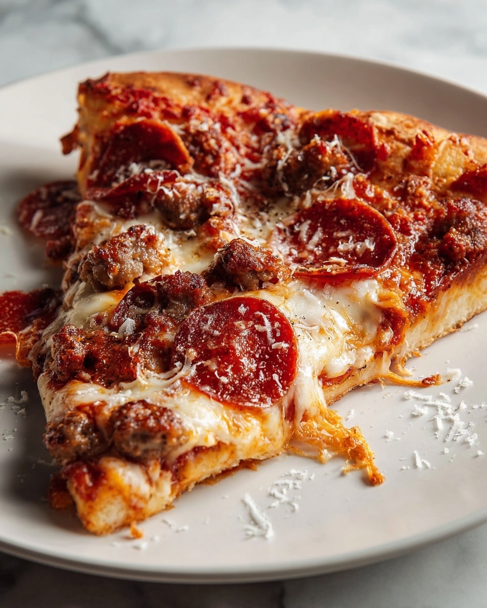 Whole uncut pepperoni and sausage pizza with a golden brown crust, bubbling melted cheese, scattered slices of spicy pepperoni, and crumbled savory sausage, presented on a white pizza plate, photographed from a 3/4 angle on a white marble countertop with natural lighting, styled as a hero shot for a food magazine, photo taken with an iphone --ar 4:5 --v 7