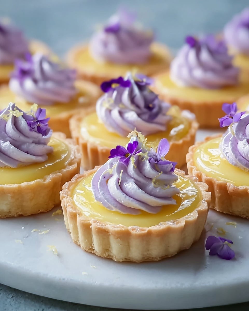 White round serving platter filled with a full batch of elegant lemon tarts, each with golden flaky crusts topped with glossy lemon curd and beautifully piped swirls of pale lavender cream, garnished uniformly with delicate violet edible flowers, arranged neatly together showing the entire collection, photographed at a 3/4 angle on a white marble countertop with natural lighting, professional food magazine hero shot, photo taken with an iphone --ar 4:5 --v 7