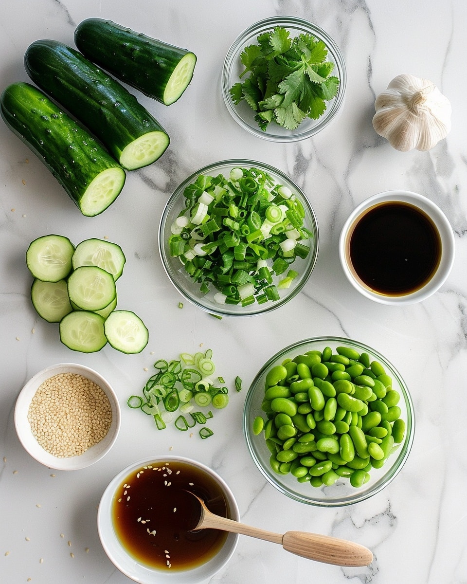 Single white bowl containing a fresh serving of crisp cucumber and bright green edamame salad, finely chopped cucumber pieces mixed with whole edamame beans, sprinkled with toasted sesame seeds and fresh cilantro leaves, glistening with a light dressing, close-up angle showcasing the textural contrast and vibrant green hues, presented on a white marble surface under natural lighting, styled as a ready-to-eat intimate plated portion photo taken with an iphone --ar 4:5 --v 7