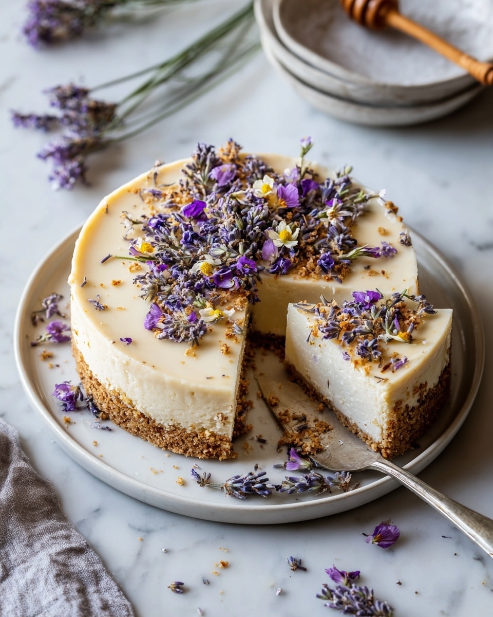 Whole uncut cheesecake presented on a large white plate, featuring a smooth creamy top with finely crushed graham cracker crust along the base, lavishly decorated with fresh lavender sprigs and delicate edible flowers scattered generously across its surface, shot from a professional 3/4 angle with natural lighting on a clean white marble background, styled as an elegant hero shot for a food magazine, photo taken with an iphone --ar 4:5 --v 7