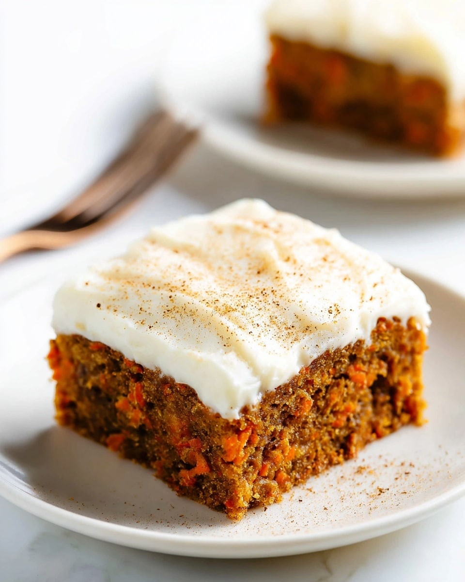 White rectangular ceramic baking dish filled with a freshly baked carrot cake topped with a smooth, thick layer of cream cheese frosting, dusted with cinnamon or nutmeg evenly across the surface, showing four large square pieces arranged tightly together, photographed from a 3/4 angle on white marble background with natural lighting, professional food magazine hero shot photo taken with an iphone --ar 4:5 --v 7