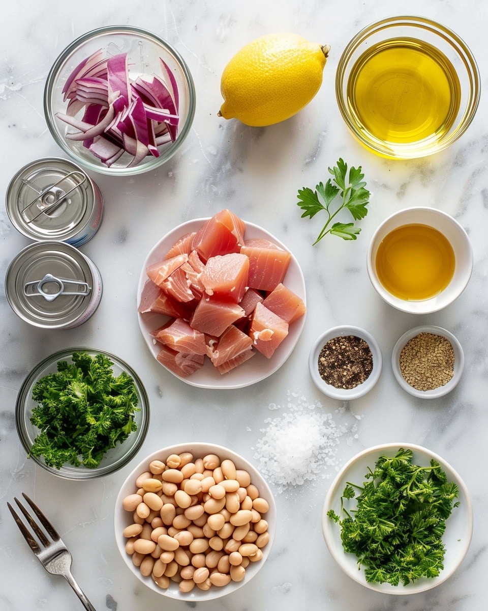 Single white plate featuring one generous portion of a white bean and shredded tuna salad, close-up angled view highlighting tender flakes of tuna interspersed with plump white beans, finely chopped red onions, fresh parsley, and hints of yellow pepper, all lightly dressed in olive oil that pools slightly around the edges, natural lighting emphasizes the fresh textures and vibrant colors, set on a white marble background, styled as an intimate plated serving ready to eat, photo taken with an iphone --ar 4:5 --v 7