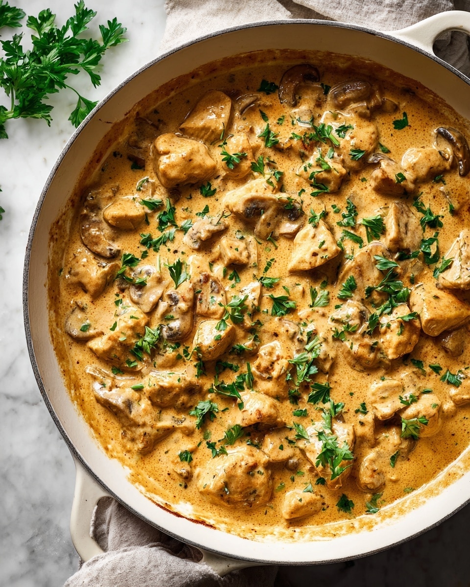 Large white skillet filled with creamy chicken stroganoff, featuring tender chunks of chicken simmered in a rich, velvety golden mushroom sauce, garnished with fresh parsley leaves scattered evenly across the surface, photographed from a 3/4 angle on a white marble countertop with natural lighting, professional food styling photo taken with an iphone --ar 4:5 --v 7