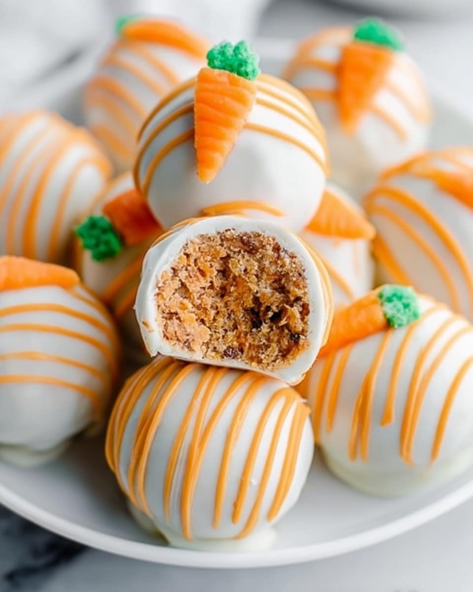 A large white baking tray filled with an array of perfectly round white chocolate-covered cake balls, each decorated with vibrant orange chocolate drizzle elegantly applied in multiple stripes across their surface, with one featuring a small, detailed orange decoration resembling a carrot on top, all setting on white parchment paper, photographed at a 3/4 angle with natural lighting on a white marble background, styled like a hero shot from a food magazine, photo taken with an iphone --ar 4:5 --v 7