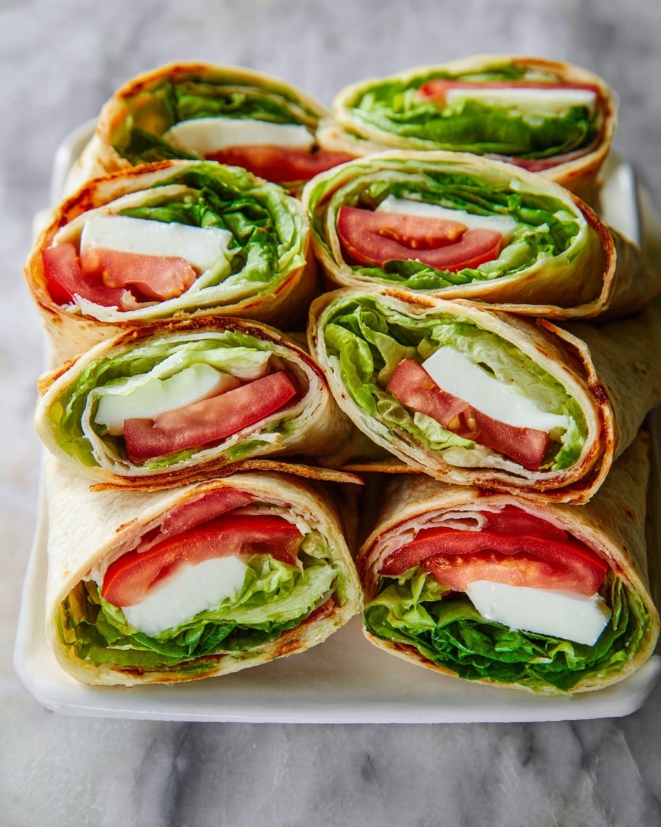 Large white platter filled with several whole, uncut wraps tightly packed with fresh crisp lettuce, ripe tomato slices, and creamy mozzarella, the wraps lightly toasted to a golden brown, arranged neatly on a white marble countertop, natural lighting highlighting the freshness and vibrant colors of the ingredients, professional food styling photo taken with an iphone --ar 4:5 --v 7