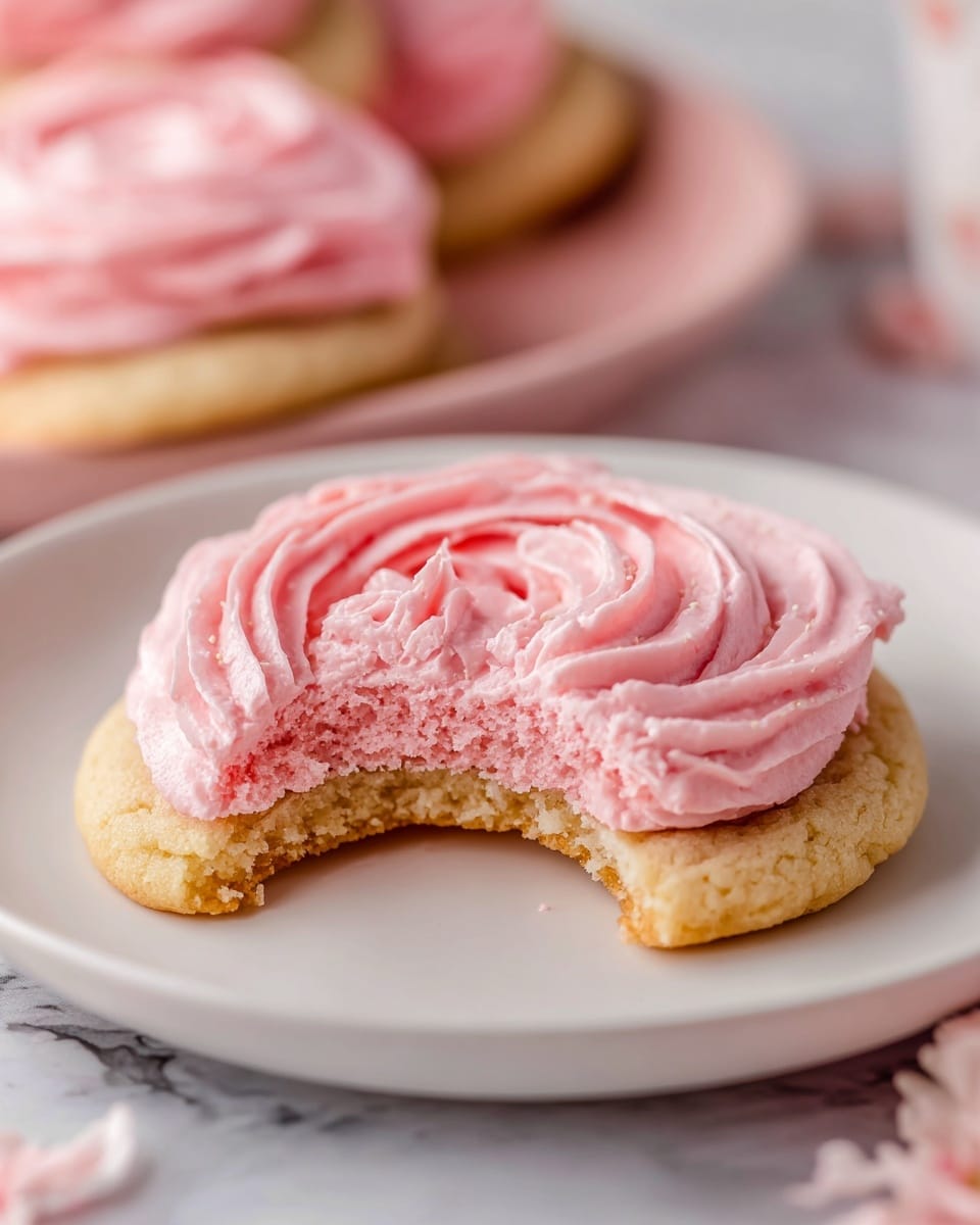 A large white rectangular baking tray filled with a dozen soft pink sugar cookies each topped with a perfectly piped swirl of pale pink rose-shaped buttercream frosting, arranged neatly on a sheet of white parchment paper, the entire batch displayed beautifully from a 3/4 angle, set against a white marble background with natural lighting, styled like a hero shot for a food magazine, photo taken with an iphone --ar 4:5 --v 7