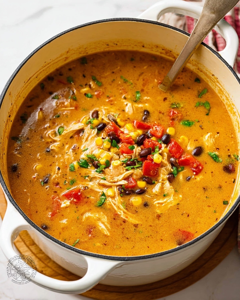 Large white Dutch oven filled with creamy chicken tortilla soup, rich golden broth studded with chunks of shredded chicken, corn kernels, black beans, diced tomatoes, and fresh herbs, the whole dish showcased from a 3/4 angle on a white marble background with natural lighting, styled as a hero shot for a food magazine, photo taken with an iphone --ar 4:5 --v 7