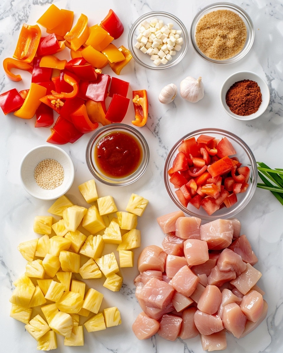 Single white plate with one grilled chicken and pineapple skewer, close-up angle showing the charred grill marks on juicy chicken cubes, caramelized pineapple pieces, and vibrant red bell pepper slices, sprinkled lightly with fresh chopped herbs, natural lighting emphasizing the texture and glaze on the meat, white marble background, styled and ready-to-eat serving photo taken with an iphone --ar 4:5 --v 7