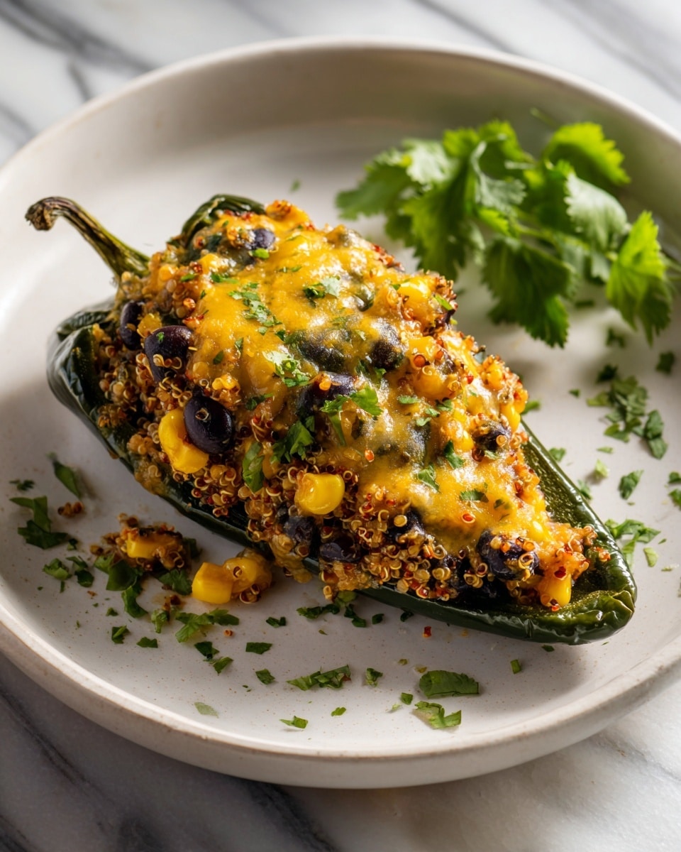 A large white rectangular baking dish filled with an entire batch of stuffed poblano peppers, each pepper generously filled with a colorful mixture of quinoa, black beans, corn, melted cheese, and fresh chopped cilantro, all perfectly baked to a golden finish, photographed from a 3/4 angle on a white marble countertop with natural lighting, styled like a hero shot from a food magazine, photo taken with an iphone --ar 4:5 --v 7