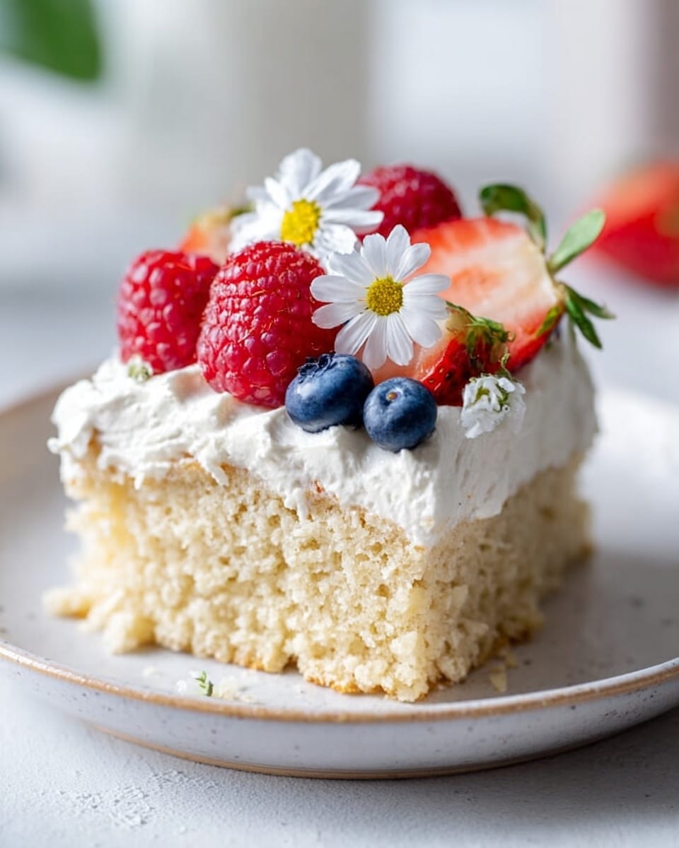 Full rectangular white baking dish filled with a fluffy whipped cream dessert topped generously with fresh whole raspberries, whole blueberries, and halved strawberries, lightly dusted with cocoa powder, presentation styled on a white marble countertop with natural lighting from a 3/4 angle, professional food magazine hero shot, photo taken with an iphone --ar 4:5 --v 7