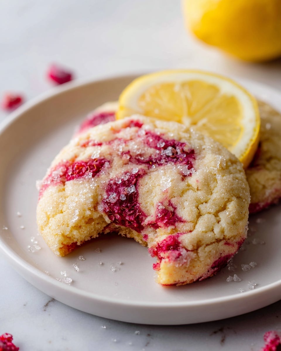 A white rectangular platter filled with a full batch of large, round raspberry swirl cookies, each cookie showcasing vibrant red raspberry streaks marbled throughout the soft, golden dough, sprinkled with coarse sugar crystals and tiny flecks of orange zest, arranged closely together on white parchment paper, shot from a 3/4 angle with natural lighting on a white marble background, professional food magazine hero shot, photo taken with an iphone --ar 4:5 --v 7