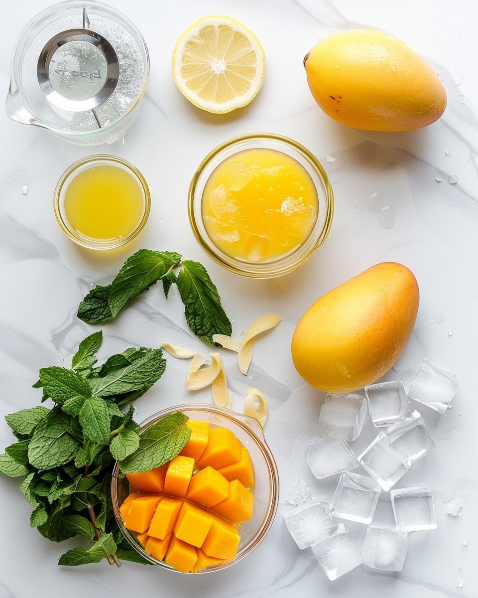 Single white glass jar filled with a fresh serving of bright orange mango juice, topped with ice cubes and a sprig of vibrant green mint for garnish, condensation droplets visible on the jar to emphasize chill, placed on a white marble surface, close-up angled shot highlighting the refreshing texture and inviting color, natural lighting creating soft shadows, styled as a single ready-to-drink portion photo taken with an iphone --ar 4:5 --v 7