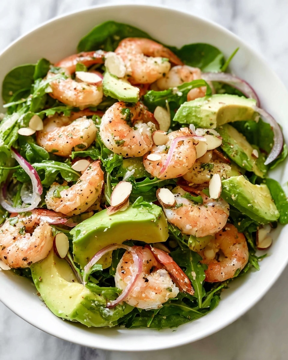 Large white bowl filled with a vibrant shrimp salad featuring whole cooked shrimp, thick slices of fresh avocado, crisp cucumber chunks, and a bed of mixed greens including arugula, all sprinkled with finely chopped red onions and sliced almonds, presented on a white marble surface with natural lighting, capturing the entire generous serving from a 3/4 angle, styled like a hero shot in a food magazine, photo taken with an iphone --ar 4:5 --v 7