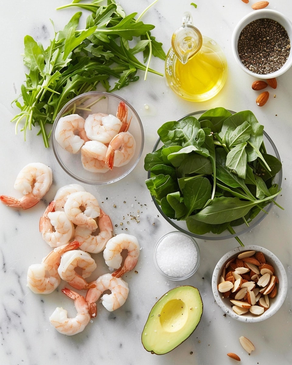 Single white bowl presenting a close-up of a fresh shrimp salad portion featuring plump, seasoned shrimp nestled among vibrant green arugula leaves and perfectly sliced creamy avocado, accented with slivers of red onion and almond slices, all glistening with a light vinaigrette, natural lighting highlighting the texture and freshness of each ingredient, white marble surface background, intimate plated serving photo taken with an iphone --ar 4:5 --v 7