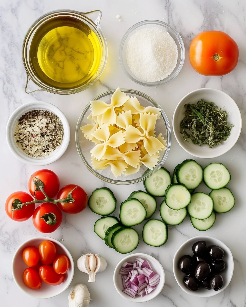 Single white bowl containing a vibrant portion of pasta salad featuring ridged, square-shaped pasta mixed with halved red and yellow cherry tomatoes, sliced green and black olives, chopped cucumbers, diced red onions, and crumbled feta cheese, all lightly coated with Italian herbs and dressing, close-up angle highlighting the fresh textures and colorful ingredients, placed on white marble surface with natural lighting, styled food blog serving photo taken with an iphone --ar 4:5 --v 7
