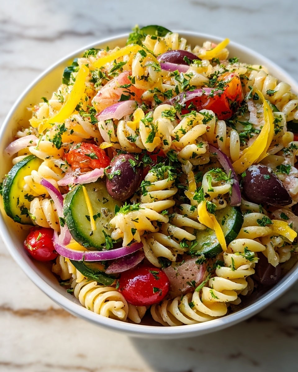 Large white serving bowl filled with an abundant Mediterranean pasta salad featuring spiral rotini pasta tossed with vibrant cherry tomatoes, crisp cucumber slices, kalamata olives, shredded cheddar cheese, thinly sliced red onions, and fresh chopped parsley, all lightly seasoned with herbs and black pepper, whole dish photographed at a 3/4 angle on a white marble countertop with natural lighting, professional food magazine hero shot photo taken with an iphone --ar 4:5 --v 7