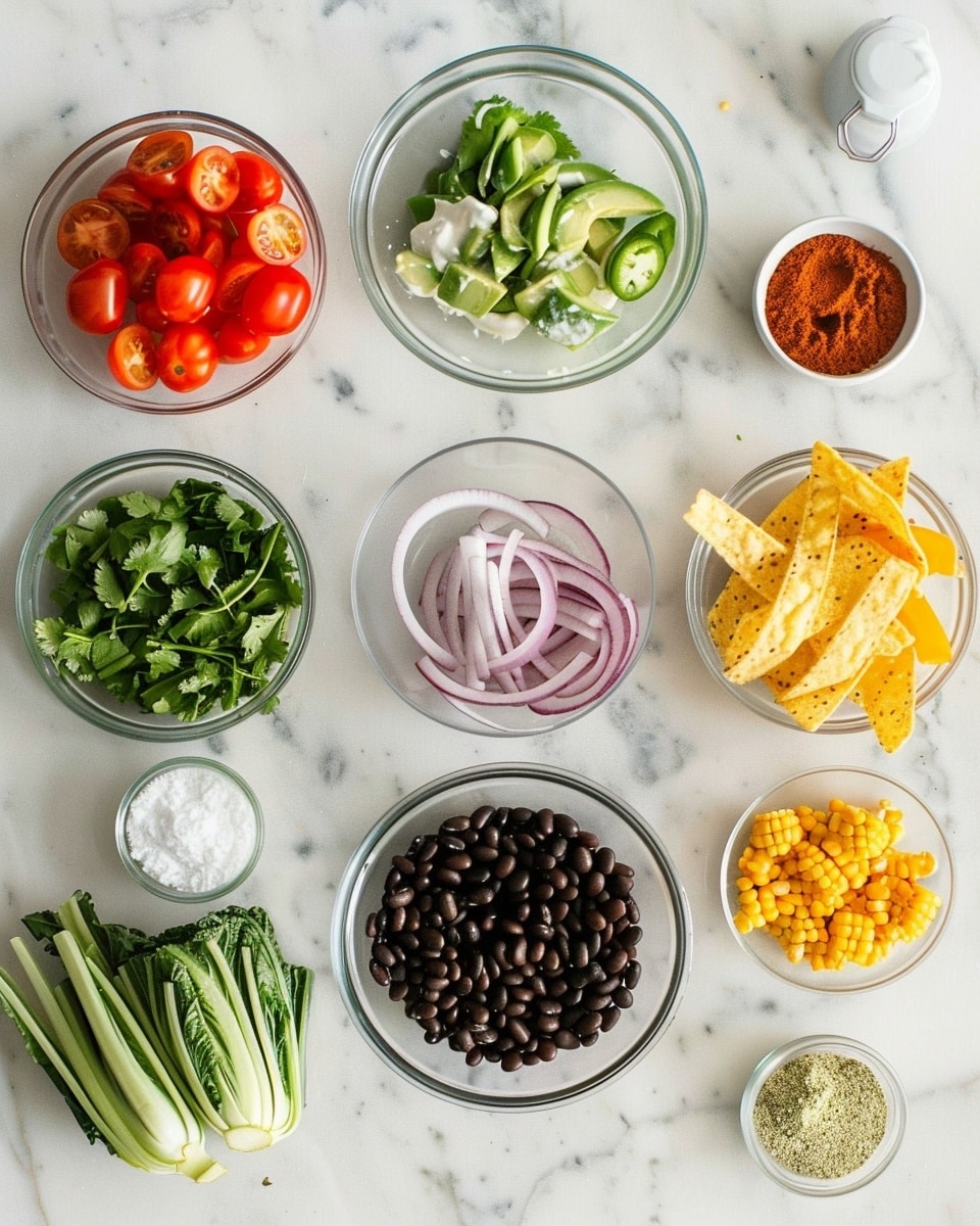 Single white bowl with a single serving of vibrant southwestern salad featuring layers of fresh chopped romaine lettuce, neatly arranged slices of creamy avocado, juicy halved cherry tomatoes, sweet corn kernels, black beans, diced yellow bell pepper, and crunchy tortilla strips, all drizzled with a creamy chipotle dressing, garnished with fresh cilantro leaves, close-up angled shot revealing the fresh textures and colorful layers, placed on a white marble surface under natural lighting, styled as a ready-to-eat individual portion from a food blog, photo taken with an iphone --ar 4:5 --v 7
