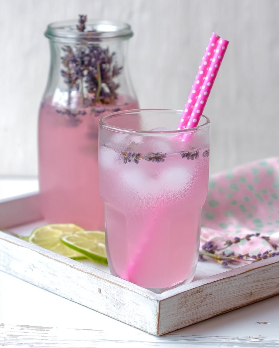 Two tall glass carafes filled with refreshing pink lemonade infused with floating green lime slices, placed on a white wooden tray alongside two full glasses of the same lemonade with ice cubes and pink polka dot straws, a small white bowl containing dried lavender flowers, and three additional pink straws resting on a turquoise polka dot napkin, all photographed from a 3/4 angle on a white marble background with natural lighting, professional food magazine hero shot, photo taken with an iphone --ar 4:5 --v 7