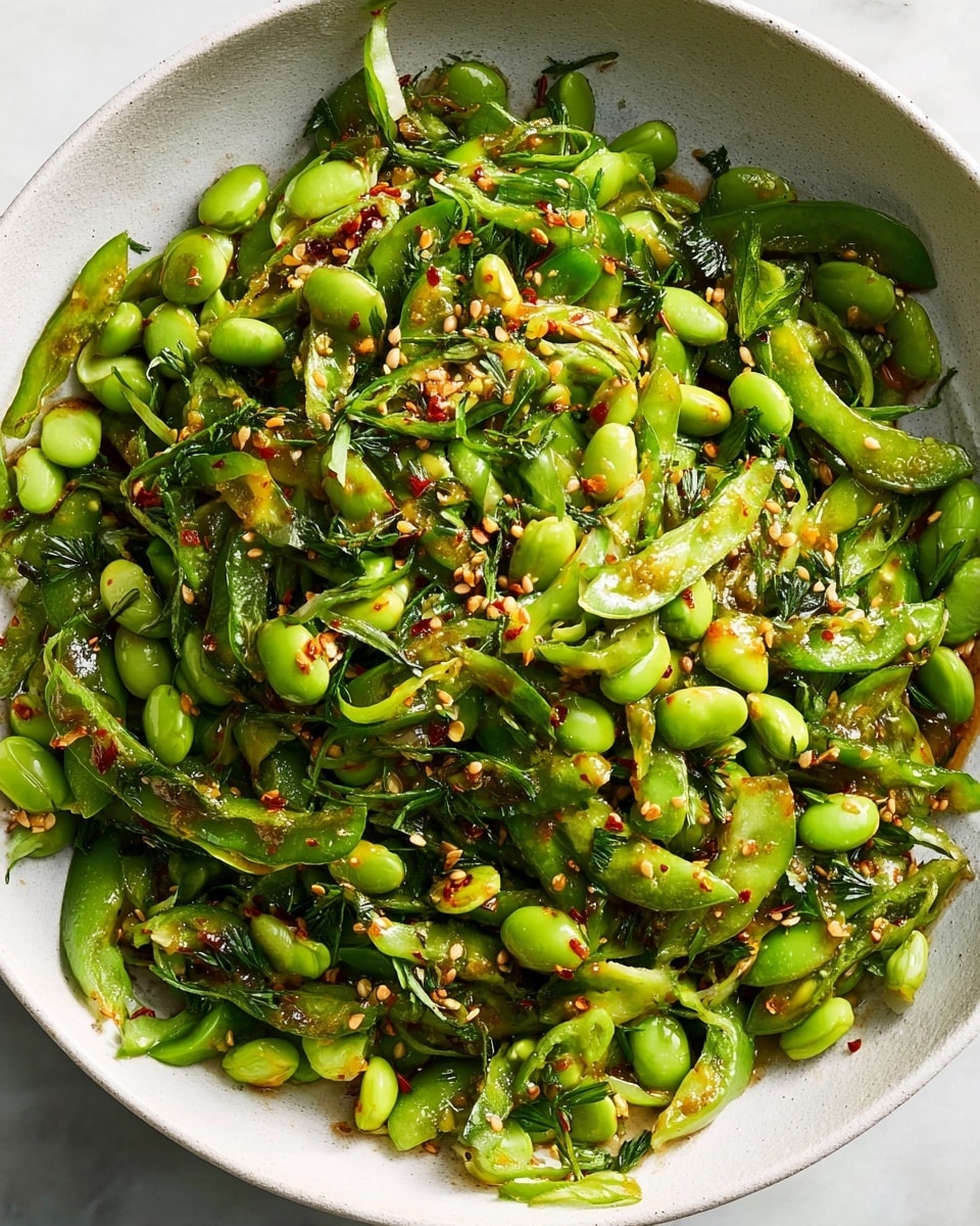 Large white serving bowl filled with a vibrant edamame and sliced green chili salad, tossed with fresh herbs, sprinkled with toasted sesame seeds and chili flakes, drizzled with a glossy chili oil dressing, highlighting the bright green colors and textures of the peas and chili peppers, presented on a white marble surface under natural lighting, styled like a hero shot from a food magazine, whole dish in frame, photo taken with an iphone --ar 4:5 --v 7
