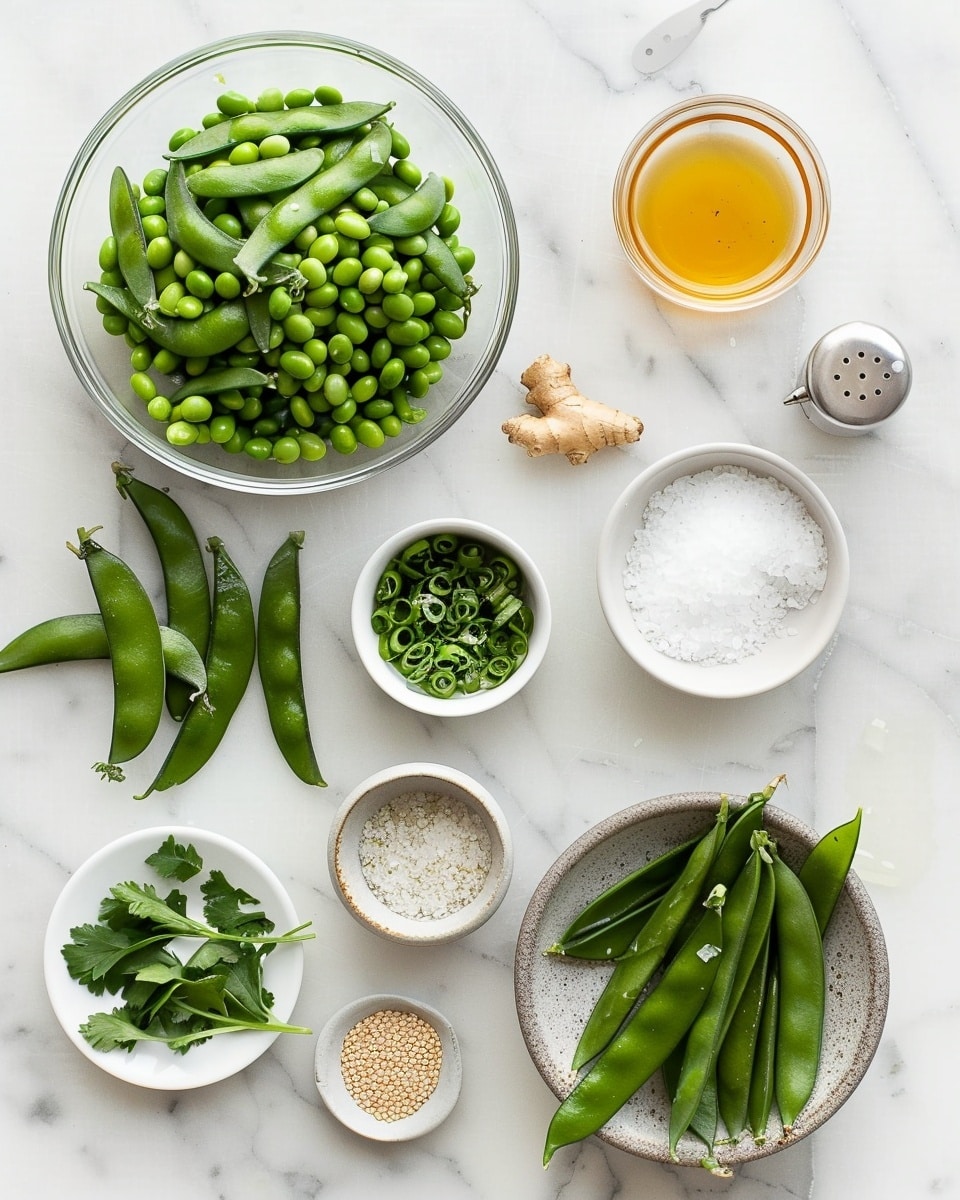 Single white shallow bowl containing a vibrant serving of spicy edamame salad, close-up angled view highlighting bright green edamame beans and thinly sliced jalapeños tossed with finely chopped herbs, sesame seeds, and chili flakes glistening with a light chili oil dressing, the textures of the fresh vegetables and seeds clearly visible, set on a white marble surface under soft natural light, styled like a food blog feature photo taken with an iphone --ar 4:5 --v 7