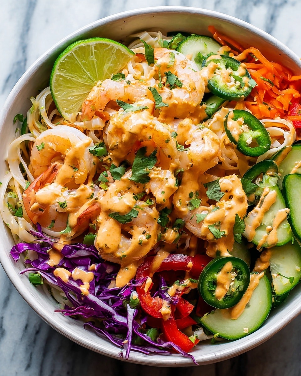Large white bowl filled with an abundant shrimp noodle salad featuring whole cooked shrimp, thinly sliced cucumbers, shredded purple cabbage, julienned carrots, diced red bell peppers, and sliced jalapeños, drizzled generously with a creamy orange peanut sauce, garnished with fresh green herbs and lime wedges, photographed from a 3/4 angle with natural lighting on a white marble background, professional food magazine hero shot photo taken with an iphone --ar 4:5 --v 7
