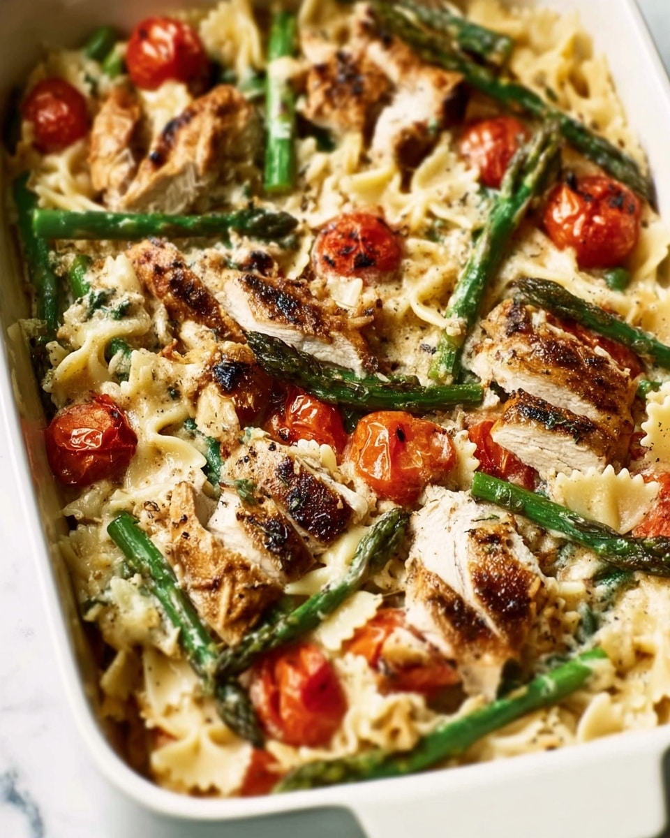 Large white rectangular baking dish filled with a creamy baked casserole featuring bowtie pasta, whole grilled chicken strips, vibrant green asparagus spears, and plump roasted cherry tomatoes, all evenly mixed and golden on top, presented in a professional 3/4 angle shot on a white marble background with natural lighting, like a hero shot from a food magazine, photo taken with an iphone --ar 4:5 --v 7