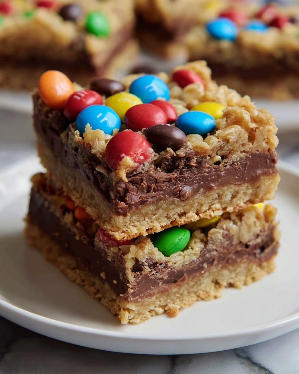 Large rectangular white baking dish filled with a rich layered dessert featuring a thick base of smooth milk chocolate topped with generous clusters of crumbly oat streusel and a colorful scattering of red, green, blue, yellow, orange, and brown candy-coated chocolate pieces evenly distributed across the surface, whole dish shown from a 3/4 angle on a white marble background under natural lighting, styled as a professional food magazine hero shot, photo taken with an iphone --ar 4:5 --v 7