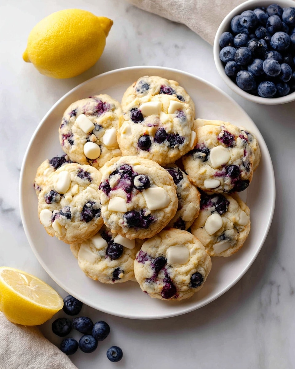 Large white plate displaying a full batch of lemon blueberry drop cookies arranged neatly, each cookie studded with juicy blueberries and chunks of white chocolate, with a halved fresh lemon and a small white bowl of plump blueberries as complementary props on the side, set on a white marble countertop with natural lighting, professional food styling, hero shot from a 3/4 angle showing the entire dish in frame, photo taken with an iphone --ar 4:5 --v 7