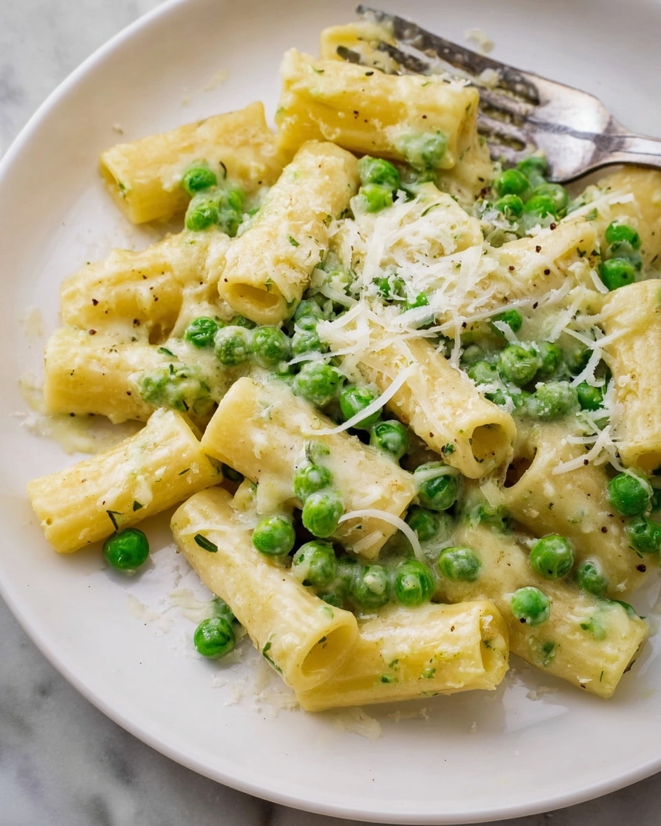 Large white enameled cast iron pot filled with creamy rigatoni pasta mixed with bright green peas, coated in a rich cheese sauce sprinkled with shredded parmesan, whole dish photographed at a slight 3/4 angle on a white marble countertop under natural lighting, professional food styling photo taken with an iphone --ar 4:5 --v 7