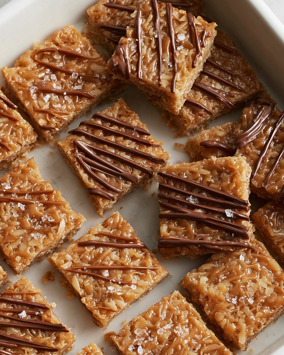A large white rectangular baking dish filled with a freshly baked batch of caramel coconut bars, the golden-brown, glossy surface evenly textured with shredded coconut throughout, some bars decorated with smooth diagonal drizzles of rich chocolate, sprinkled lightly with flaky sea salt for contrast, the entire uncut dessert perfectly set and presented on a white marble countertop, shot with natural lighting from a 3/4 angle, as a professional food magazine hero image, photo taken with an iphone --ar 4:5 --v 7