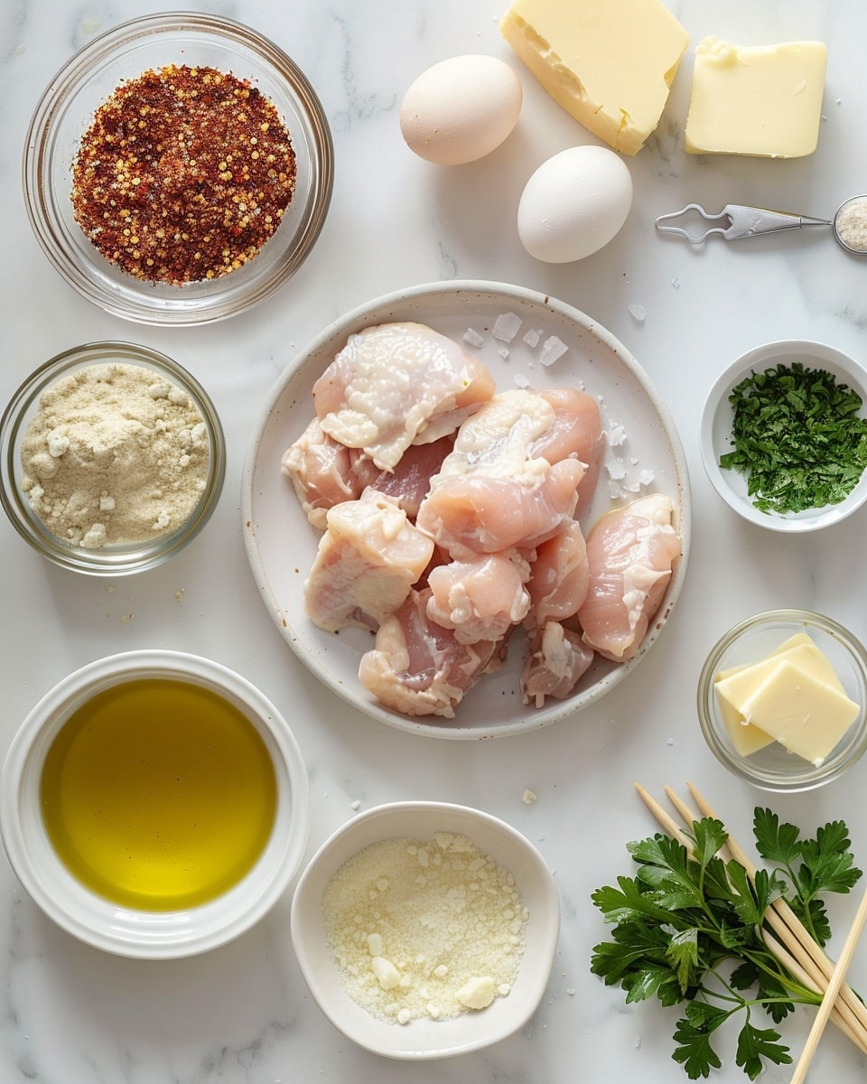Single white plate showcasing one skewered portion of golden-brown, herb-crusted chicken tenderloin with visible charred spots and crumbly texture, garnished with fresh chopped parsley, accompanied by a small white ramekin filled with vibrant yellow dipping sauce topped with finely chopped herbs, and a grilled lemon half resting beside the skewer, shot close-up to reveal the crispy breading and tender juicy interior of the chicken, natural lighting on white marble surface, styled like a food blog individual serving photo taken with an iphone --ar 4:5 --v 7