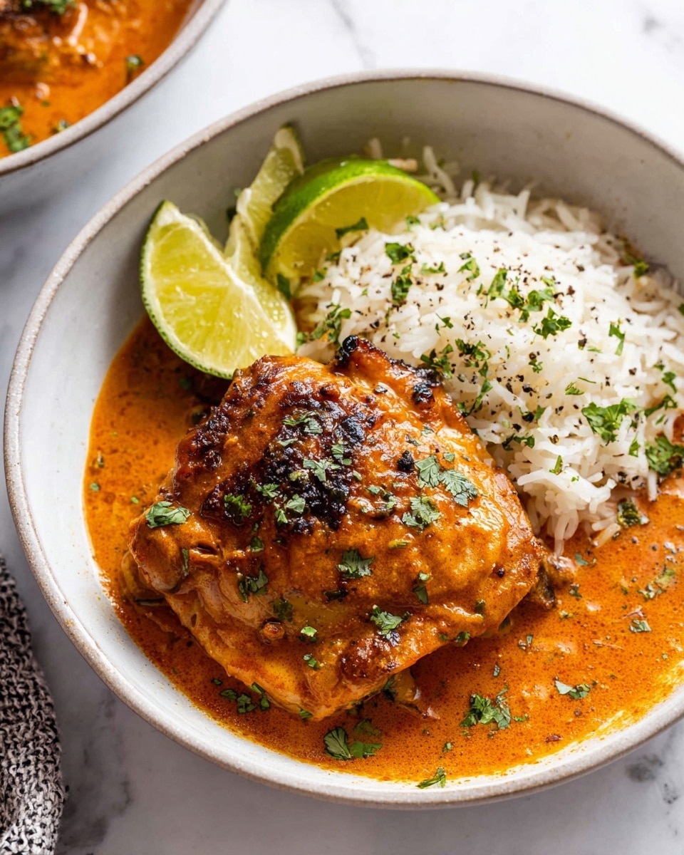 Large white enameled cast-iron pot filled with a rich, vibrant tomato-based sauce simmering with six whole golden-brown chicken thighs, each piece topped with crispy skin and sprinkled with fresh chopped parsley, accented with bright lime wedges nestled in the sauce, presented from a 3/4 angle on a white marble countertop with natural lighting, styled to highlight the hearty, rustic appeal of the entire dish, professional food magazine hero shot photo taken with an iphone --ar 4:5 --v 7