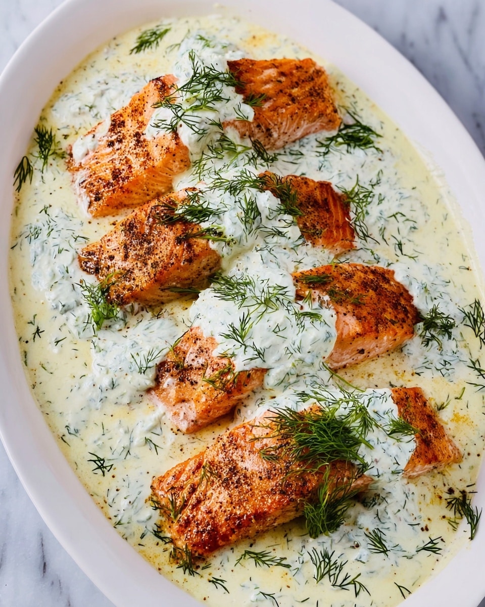 Large white oval serving dish filled with whole pan-seared salmon fillets seasoned with spices and topped generously with creamy dill sauce, fresh dill sprigs scattered over the sauce, the entire dish captured from a 3/4 angle, placed on a white marble background with natural lighting, styled as a professional food magazine hero shot, photo taken with an iphone --ar 4:5 --v 7