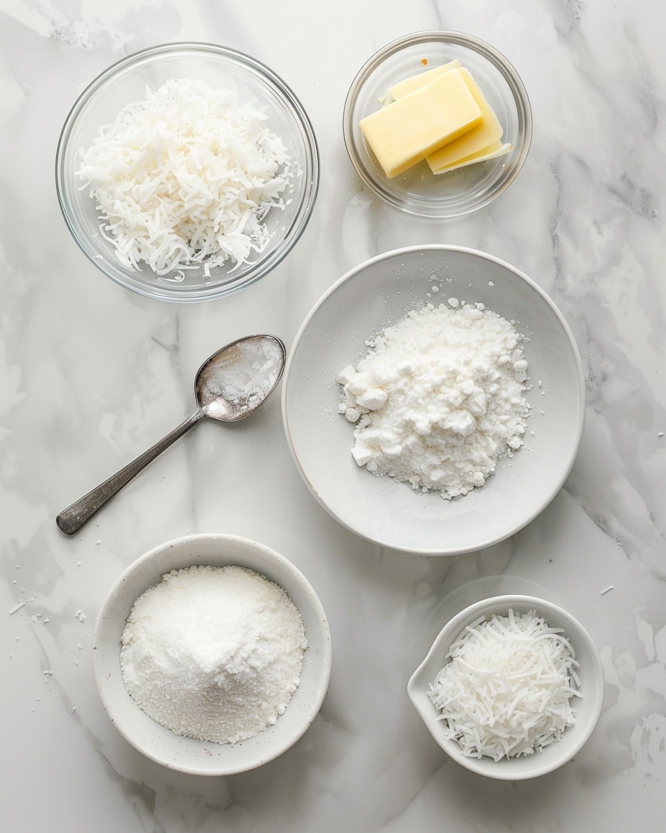 Single white plate featuring one round coconut dessert ball with a bite revealing the moist, tender interior texture, coated in shredded coconut flakes, close-up angled shot emphasizing the soft, dense filling and delicate exterior, styled on a white marble surface with natural lighting, intimate plated serving photo taken with an iphone --ar 4:5 --v 7