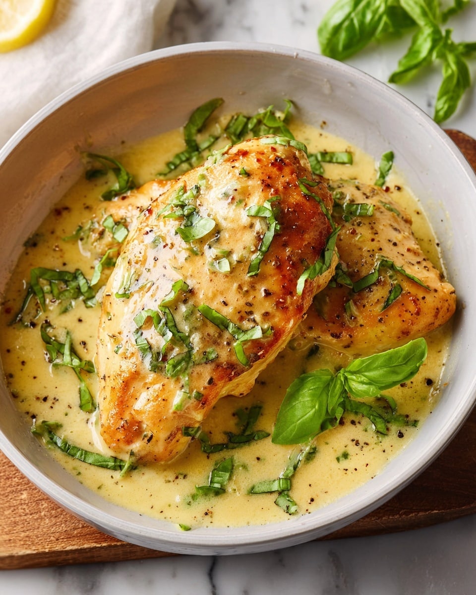 Large white oval serving dish filled with whole golden-brown baked chicken thighs generously coated in a creamy lemon basil sauce, garnished with fresh bright green basil leaves scattered throughout, with halved fresh lemons placed beside the dish for garnish, all photographed with natural lighting from a 3/4 angle on a white marble background, styled as a professional food magazine hero shot, photo taken with an iphone --ar 4:5 --v 7