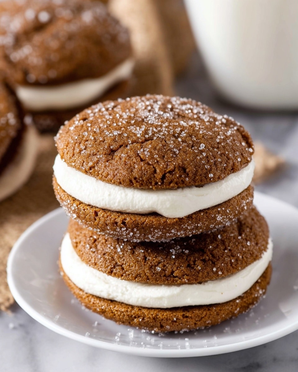 Large white plate fully stacked with multiple gingerbread sandwich cookies, each with thick layers of smooth white cream between two sugar-topped spiced cookies, showing the complete batch arranged neatly, photographed from a 3/4 angle on a white marble background, natural lighting, professional food magazine hero shot, photo taken with an iphone --ar 4:5 --v 7