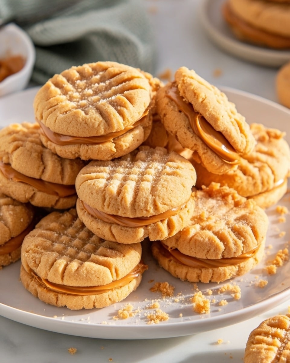 Large white plate filled with an abundant spread of peanut butter sandwich cookies, each cookie perfectly shaped with fork-pressed crisscross patterns on top and creamy peanut butter generously layered between the crisp cookie halves. The whole scene is styled with scattered cookie crumbs adding an inviting touch, photographed from a 3/4 angle on a white marble countertop with natural lighting, a professional food magazine hero shot. Photo taken with an iphone --ar 4:5 --v 7