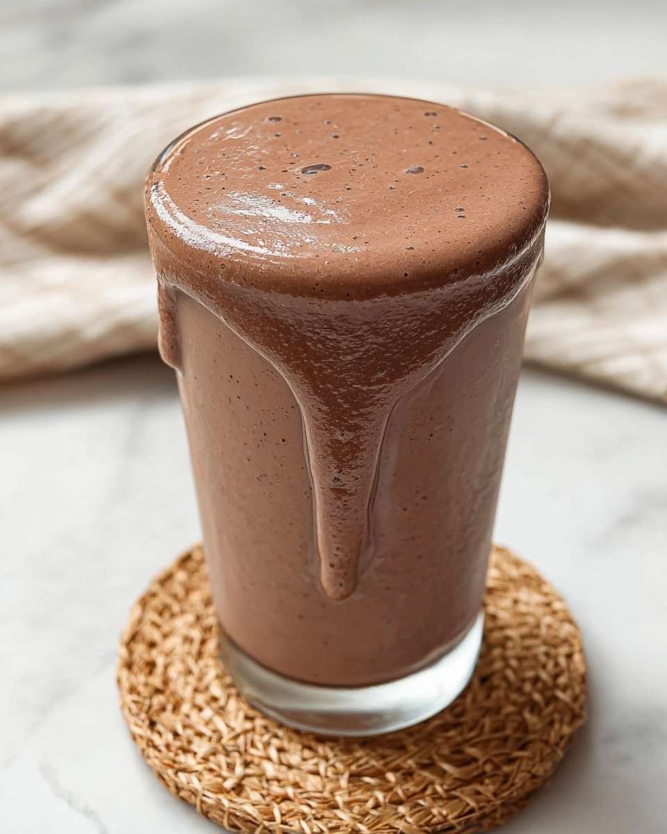 Tall large white glass filled with thick, rich whole chocolate smoothie, perfectly smooth texture, overflowing slightly down the sides, placed on a natural woven coaster, arranged on a white marble countertop with soft natural lighting, professional food magazine style hero shot photo taken with an iphone --ar 4:5 --v 7