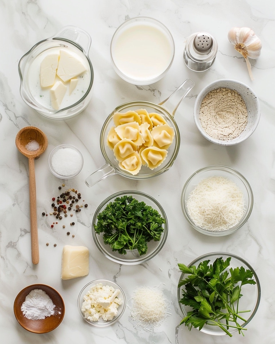 Single white plate with a neatly plated portion of cheese-filled tortellini generously coated in creamy white sauce, close-up angled view highlighting the tender pasta’s smooth texture, delicate folds, and specks of black pepper, garnished with finely chopped fresh parsley, placed on a white marble surface under natural lighting, styled like a food blog individual serving photo taken with an iphone --ar 4:5 --v 7