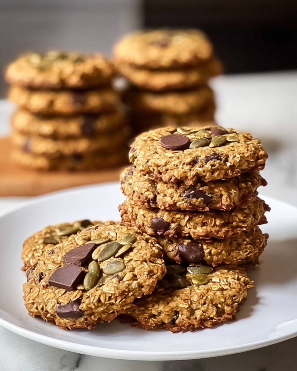 Large white plate filled with a neat stack of multiple homemade oatmeal chocolate chip cookies, each cookie featuring visible oats, chocolate chunks, and pumpkin seeds embedded in a golden-brown, slightly textured surface, alongside two tall stacks of similar cookies blurred in the background, whole dish photographed from a 3/4 angle on a white marble countertop with natural lighting, professional food styling photo taken with an iphone --ar 4:5 --v 7
