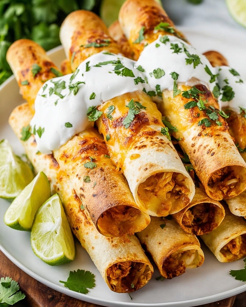 Large white platter featuring a full serving of golden, crisp chicken taquitos, tightly rolled and uniformly baked to a perfect light brown, generously topped with dollops of fresh sour cream and sprinkled with vibrant chopped cilantro, accompanied by several lime wedges and garnished with cilantro leaves for a fresh burst of color, all arranged on a white marble countertop under natural light, capturing the entire dish from a 3/4 angle for a professional food magazine hero shot photo taken with an iphone --ar 4:5 --v 7