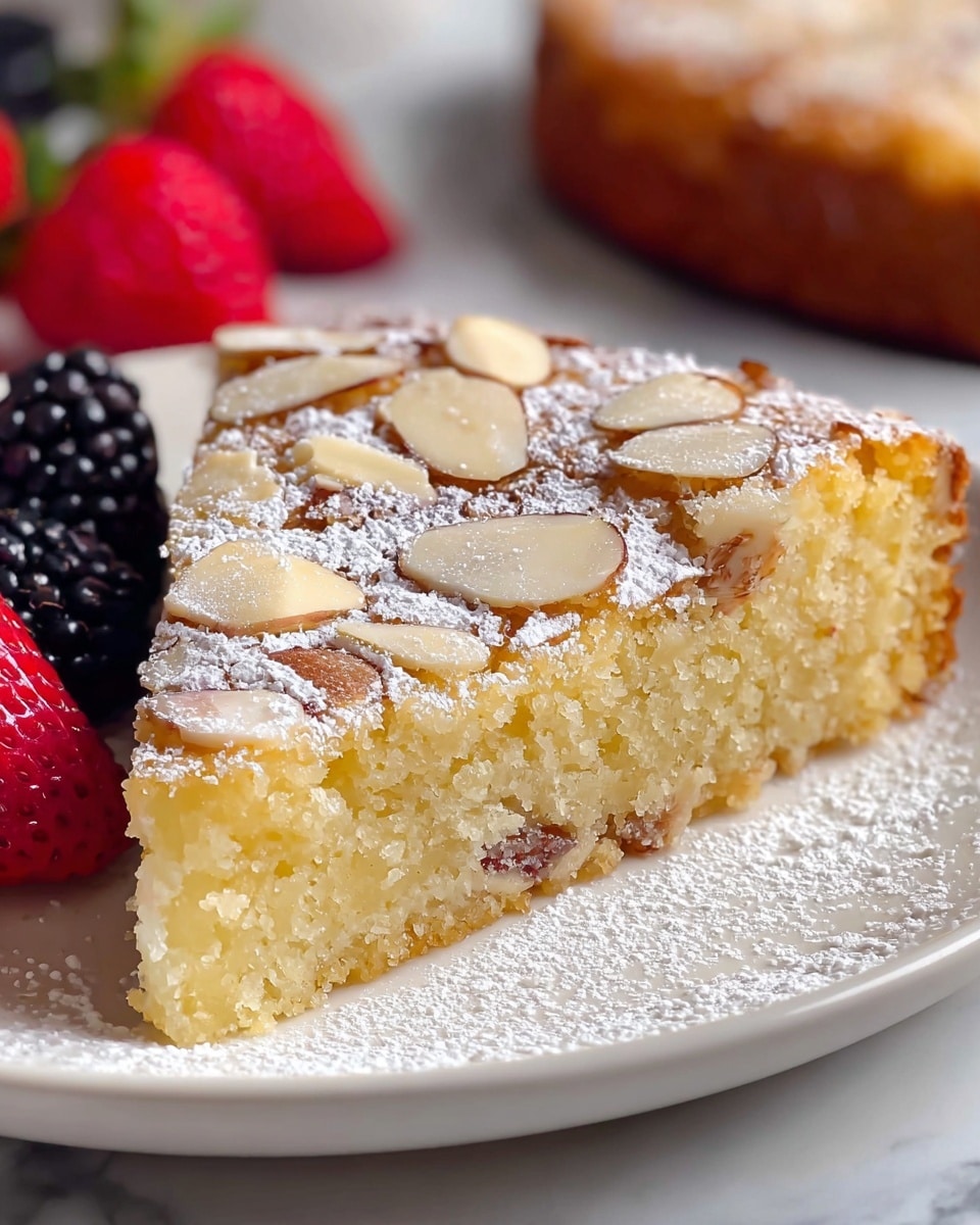Whole round almond cake displayed on a white plate, topped with a generous layer of sliced almonds and dusted evenly with powdered sugar, showcasing its golden-brown crust and moist, dense texture, photographed from a 3/4 angle with natural light highlighting the intricate almond details, set against a white marble background, professional food magazine hero shot, photo taken with an iphone --ar 4:5 --v 7