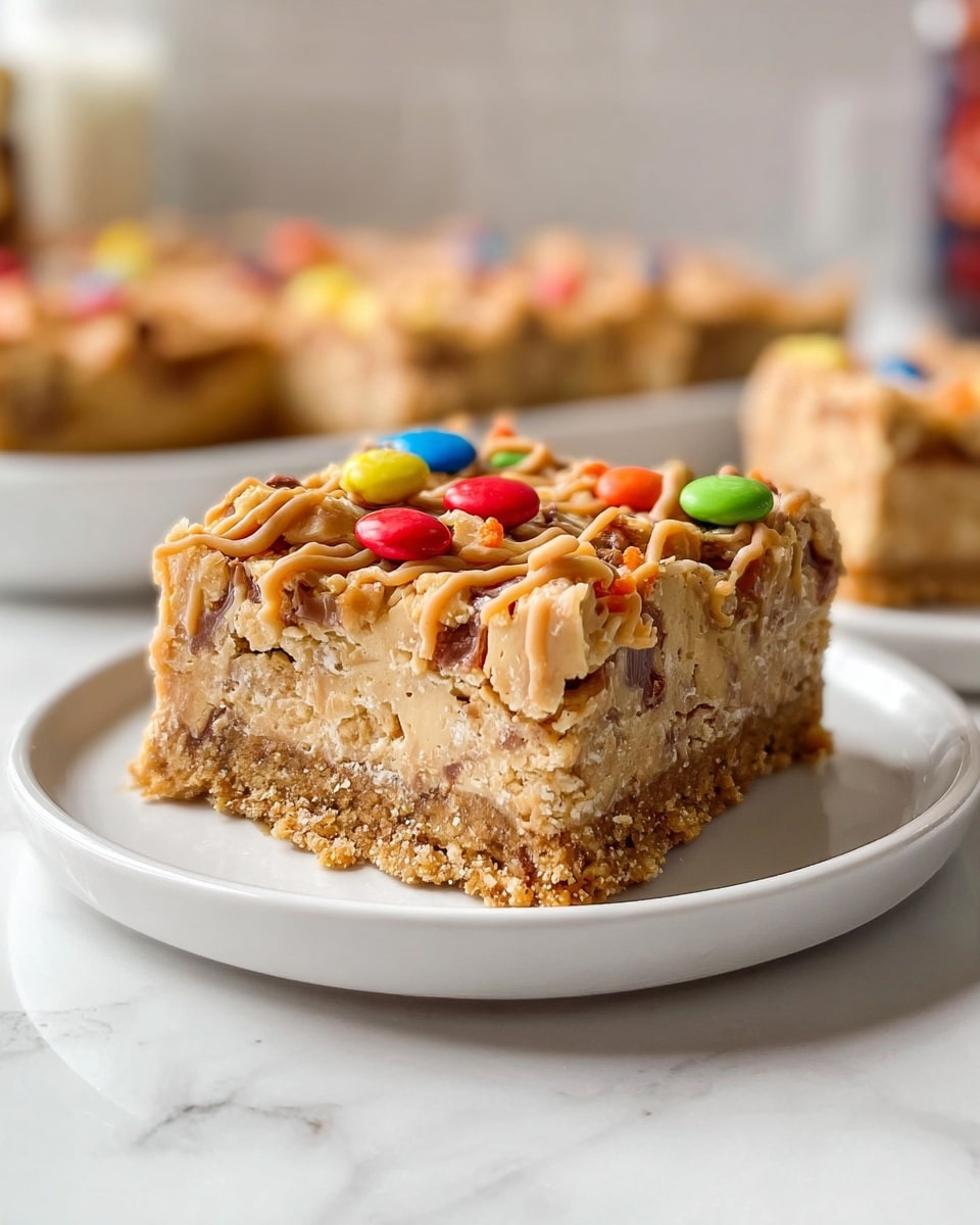 Large white rectangular baking dish filled with a complete batch of peanut butter cookie bars topped with colorful candy-coated chocolates and a generous drizzle of peanut butter sauce, the bars exhibiting a textured crumbly top with a thick, dense base, whole dish photographed from a 3/4 angle on a white marble countertop with natural lighting, styled like a hero food magazine shot, photo taken with an iphone --ar 4:5 --v 7