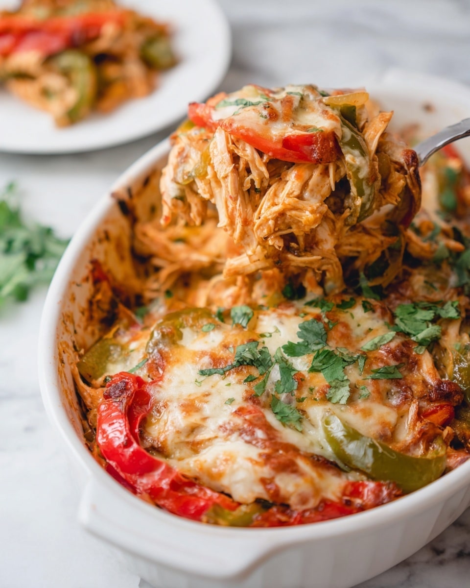 Oval white ceramic baking dish filled with a whole portion of baked chicken fajita casserole, featuring shredded chicken, melted cheese, vibrant red and green bell pepper strips, and sautéed onions, all richly coated in a spicy tomato-based sauce, garnished with fresh cilantro, presented on a light wooden board atop a white marble countertop, natural lighting highlighting the textures and colors, professional overhead food magazine style photo taken with an iphone --ar 4:5 --v 7