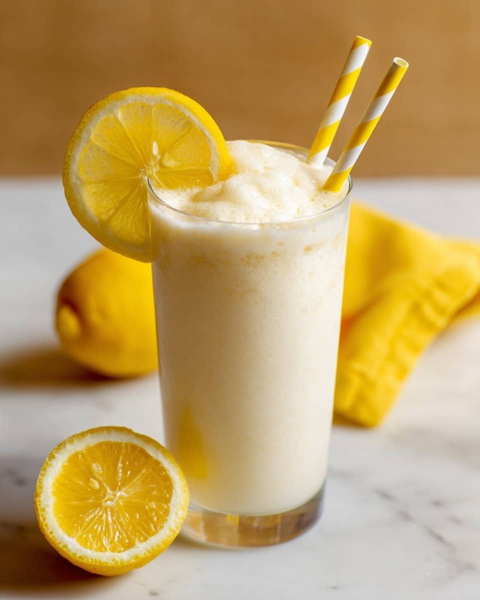 Two tall, clear white glasses filled to the brim with frothy, creamy lemonade floats, topped with a generous scoop of vanilla ice cream, each glass garnished with a fresh lemon wheel on the rim and striped yellow-and-white paper straws placed inside and on the white marble surface around them, with bright natural lighting highlighting the smooth texture and refreshing appeal, whole dish shot at a 3/4 angle with a white marble background, professional food styling photo taken with an iphone --ar 4:5 --v 7