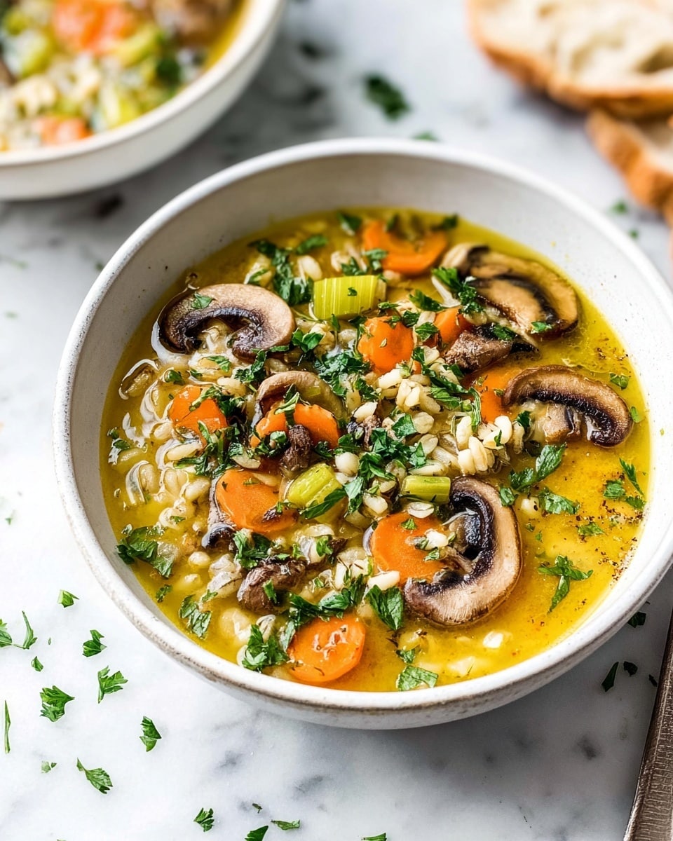 Large white soup tureen filled with hearty mushroom and vegetable barley soup, showcasing vibrant slices of carrots, celery, whole sautéed mushrooms, and tender barley in a rich golden broth, garnished with fresh chopped parsley, styled for a professional food magazine hero shot, photographed at a 3/4 angle on a white marble countertop with natural lighting, whole dish in clear focus photo taken with an iphone --ar 4:5 --v 7