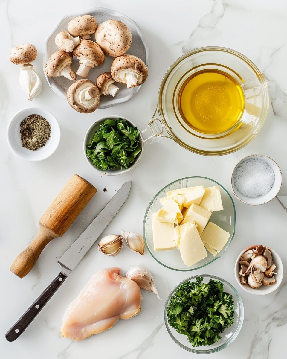Single white plate featuring one plated portion of creamy mushroom and herb chicken breast topped with melted cheese, showing the tender, juicy interior and sautéed mushroom pieces nestled on top, accompanied by a small serving of steamed green asparagus and a dollop of wild rice, close-up angle emphasizing the textured cheese and herbs, set on a white marble surface under natural light, styled like a food blog serving photo taken with an iphone --ar 4:5 --v 7